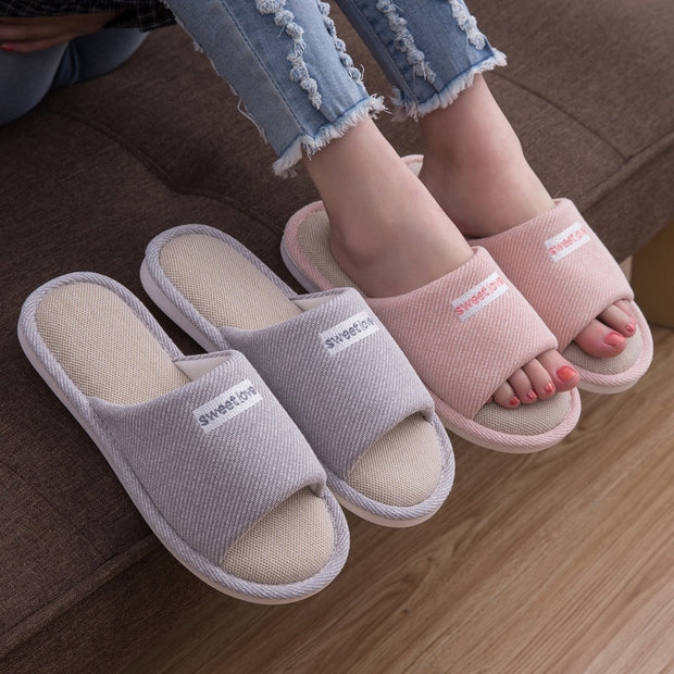 Women Indoor Slippers Floor Flat Shoes Comfortable Anti-slip Home Flax
