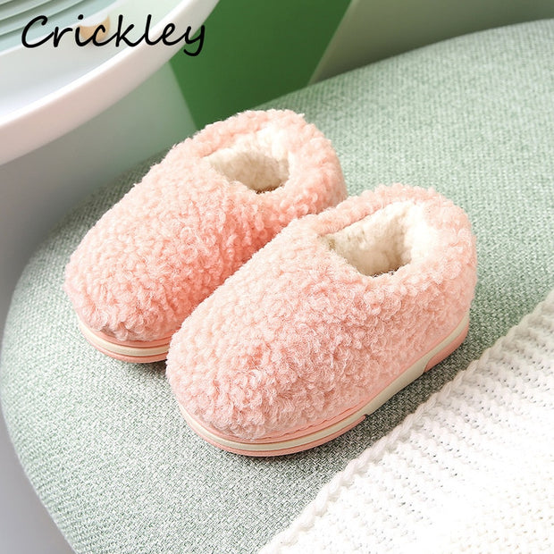 Winter Kids Slippers Solid Candy Color LAMBS WOOL Indoor Shoes